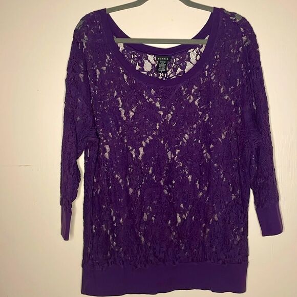 Torrid- Full Lace Purple Crew Neck Top with Elbow Length Sleeves- Size 0 - Picture 1 of 5